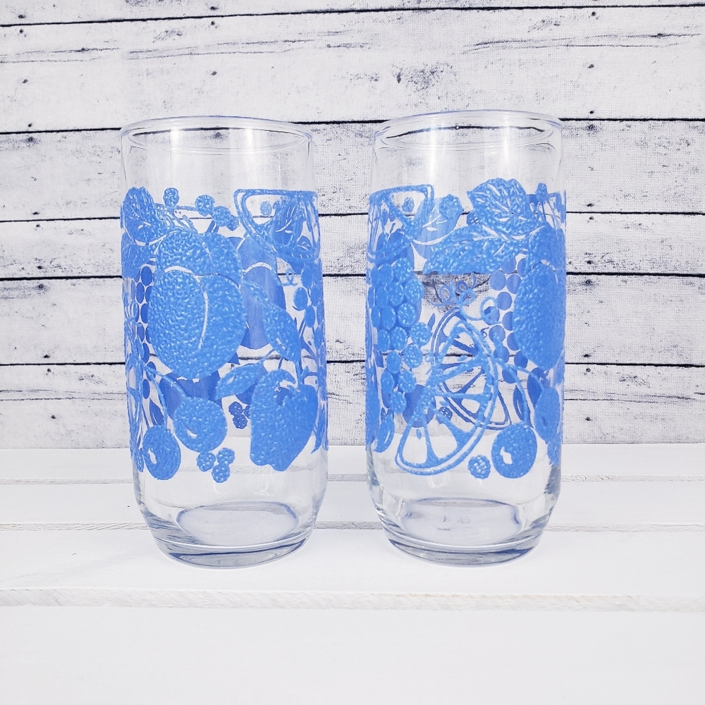 COPY - Vintage Libbey Blue Etched Fruit Glass Tumblers (2)